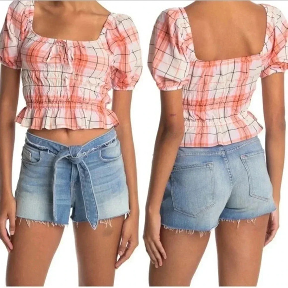 ABOUND‎ CROP TOP ORANGE/PINK PLAID IN COLOR SIZE MEDIUM ELASTIC BANDS/RUFFLES - Picture 1 of 9